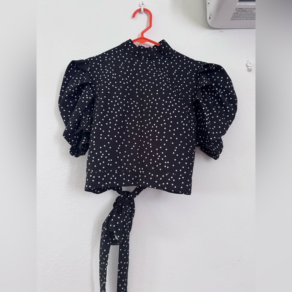 Black Puff Sleeve Polka Dot Blouse